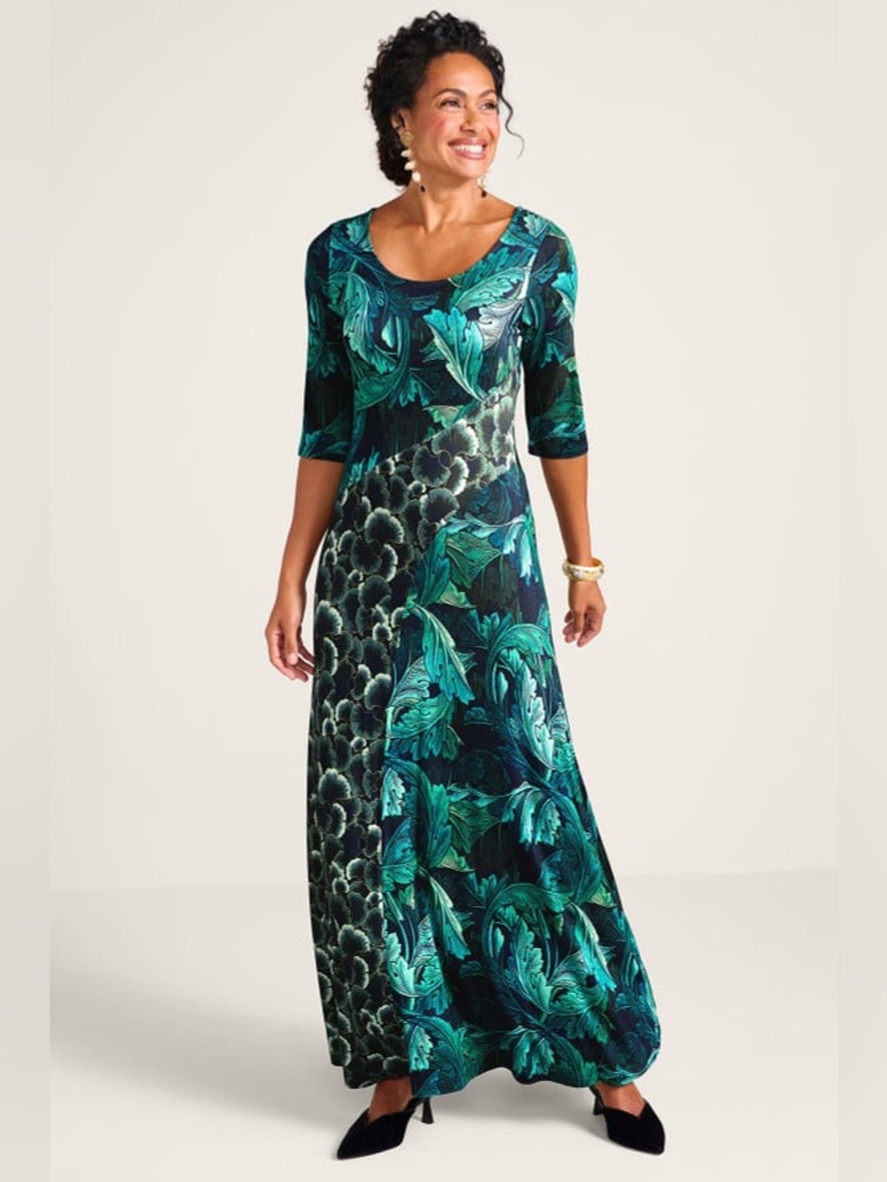 Soft Surroundings Nanette Teal Green Ginko Botanical Maxi Dress size L